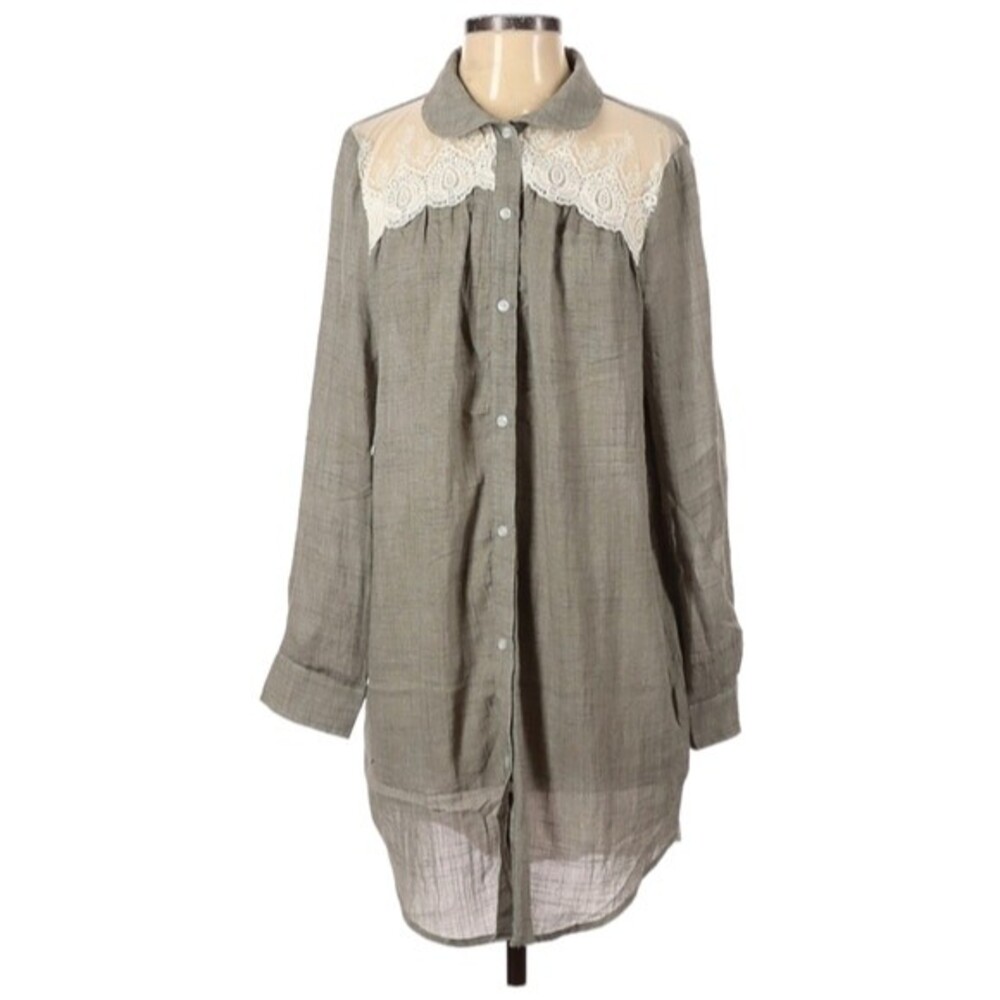 Tassels n Lace Shirt Dress Size S Collared Gray‎ Ivory Fairy Whimsy Boho Prairie